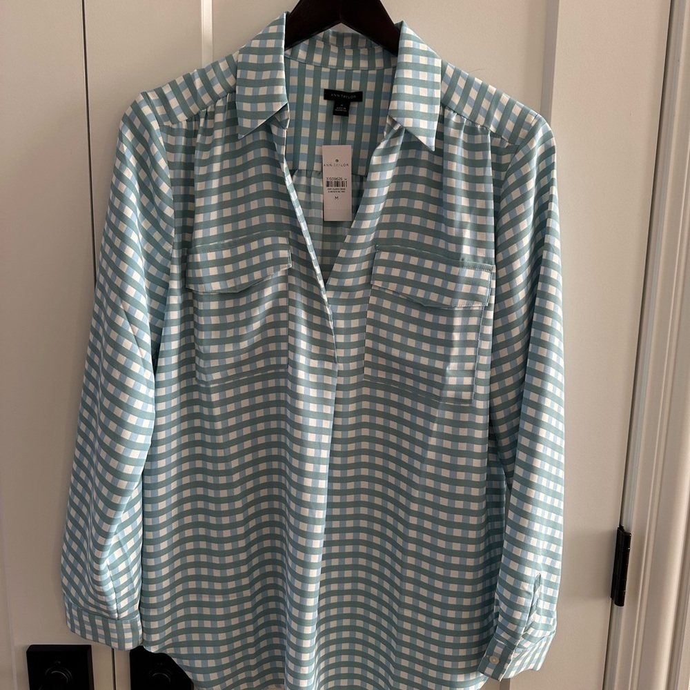 Ann Taylor Blue and White Gingham Blouse